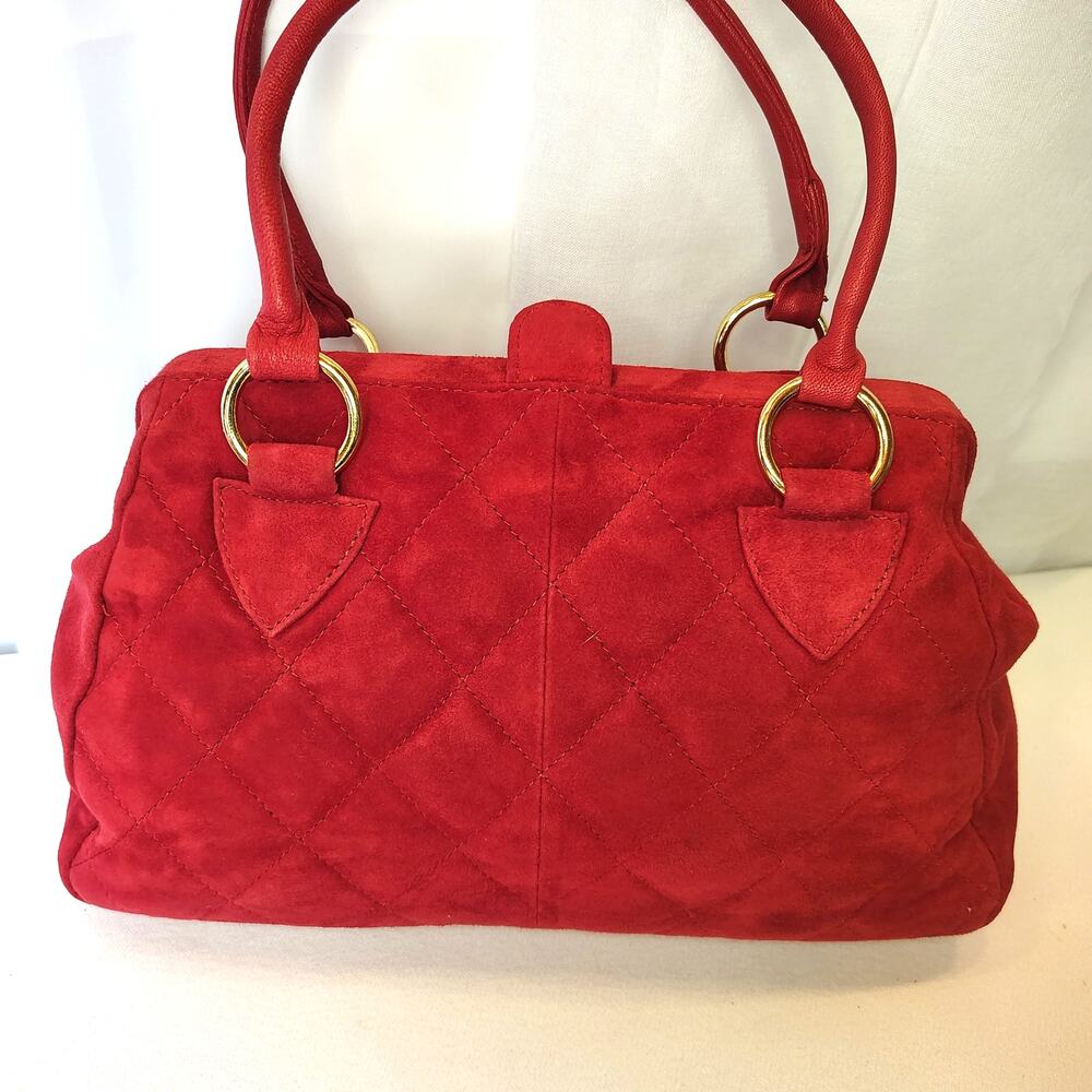 Vintage Red Quilted Suede Leather Satchel Handbag Gold Hardware Top Handle Purse - Picture 9 of 16
